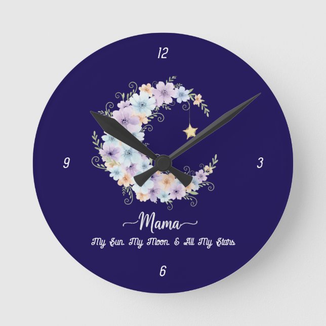 Watercolor Floral Moon Mama Runde Wanduhr (Vorderseite)