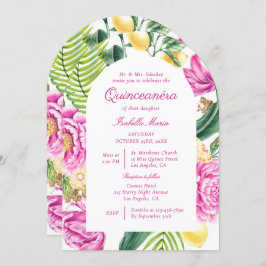 Watercolor Floral Peonies Custom Photo Quinceañera Einladung