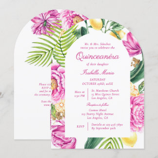 Watercolor Floral Peonies QR Code Quinceañera Einladung