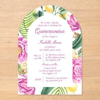 Watercolor Floral Peonies Tulips Lemon Quinceañera Acryleinladungen