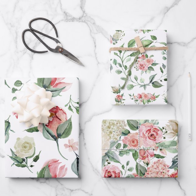 Watercolor Floral Peony Wrapping Paper Sheets Geschenkpapier Set (Vorderseite)