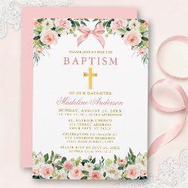 Watercolor Floral Pink Bow Gold Baptism Einladung
