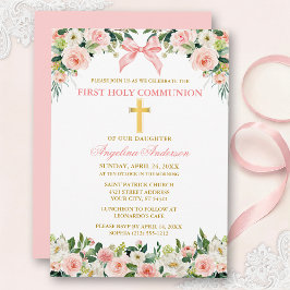 Watercolor Floral Pink Bow Gold Communion Einladung