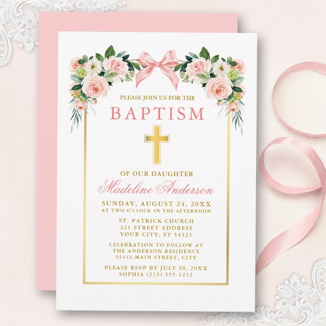 Watercolor Floral Pink Bow Gold Frame Baptism Einladung (Customize to change text color, size, style or to change color of back of card.)