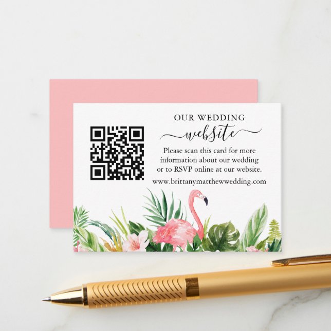 Watercolor Floral Pink Flamingo Wedingo Website QR Begleitkarte (Vorderseite/Rückseite Beispiel)