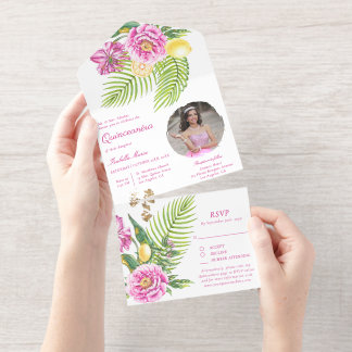 Watercolor Floral Pink Peonies Photo Quinceañera All-in-One-Einladung