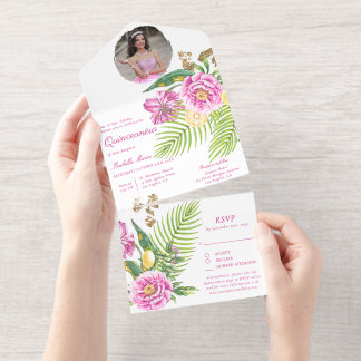 Watercolor Floral Pink Peonies Photo Quinceañera All-in-One-Einladung