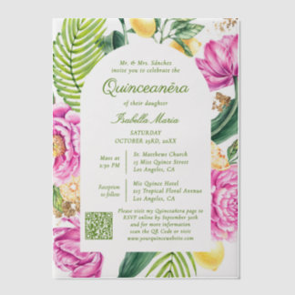 Watercolor Floral Pink Peonies QR Code Quinceañera