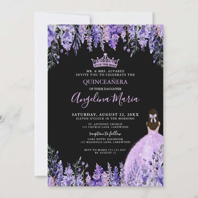 Watercolor Floral Purple Quinceanera Invitation Einladung (Vorderseite)