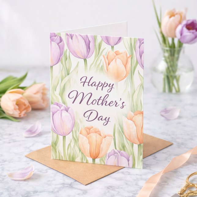 Watercolor Floral Purple Tulips Happy Mother's Day Karte (Von Creator hochgeladen)