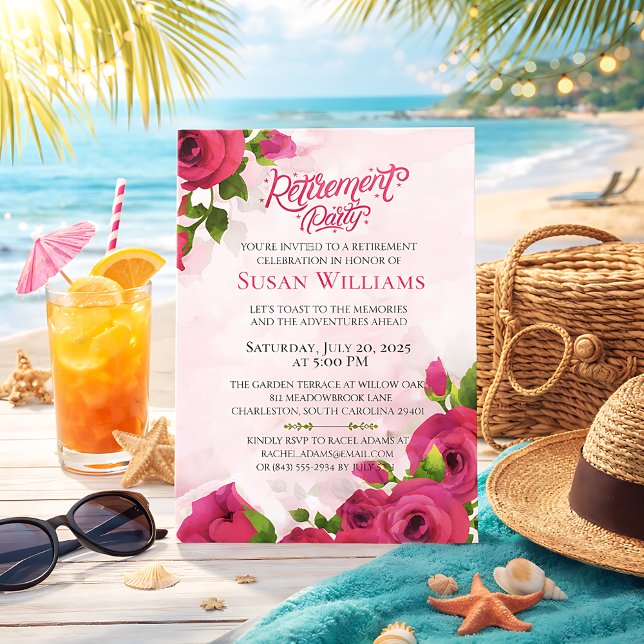 Watercolor Floral Rose Retirement Celebration Einladung (Von Creator hochgeladen)
