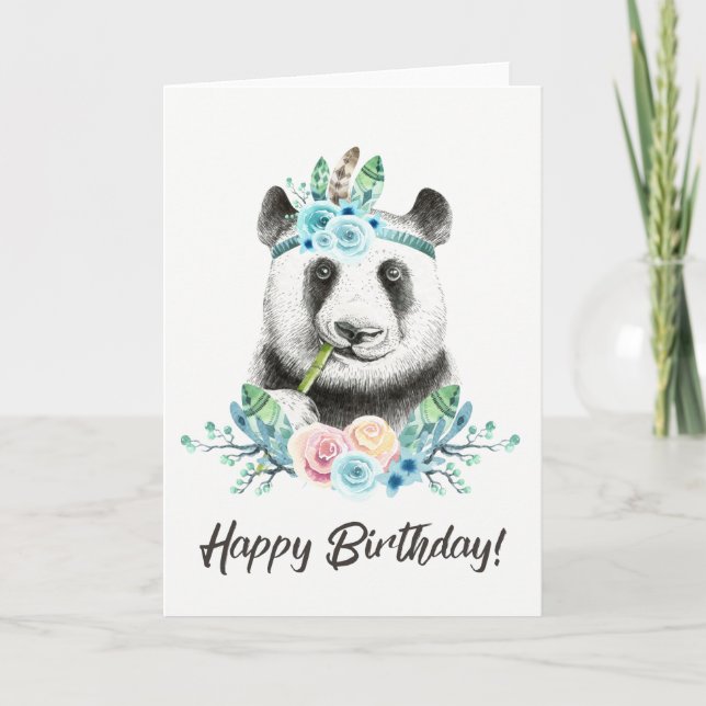 Watercolor Floral Spray Boho Panda Happy Birthday Karte (Vorderseite)