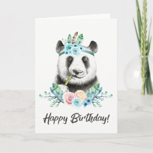 Watercolor Floral Spray Boho Panda Happy Birthday Karte