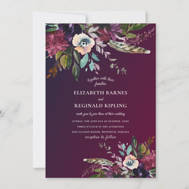 Watercolor Floral Sprays Burgundy Wash Wedding Einladung (Vorderseite)