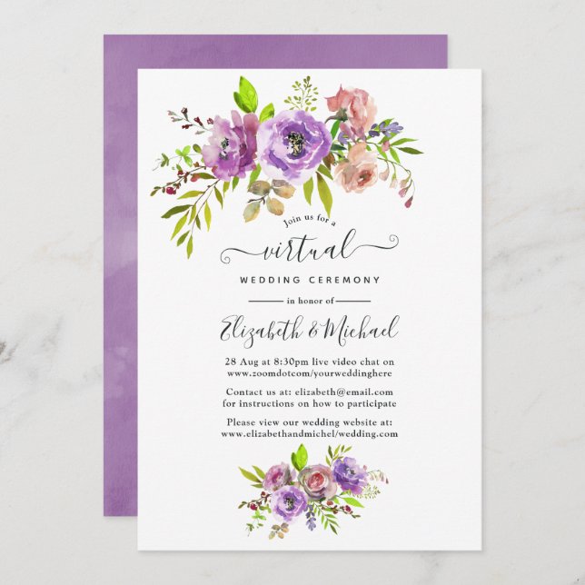 Watercolor Floral Spring Online Virtual Wedding Einladung (Vorne/Hinten)