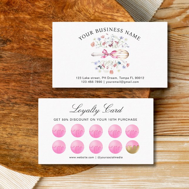 Watercolor Floral Utensils Whisk Bakery  Treuekarte (Watercolor wildflower whisk bakery loyalty card)
