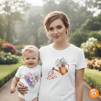 Watercolor Floral Watering Can Matching Mommy LS T-Shirt