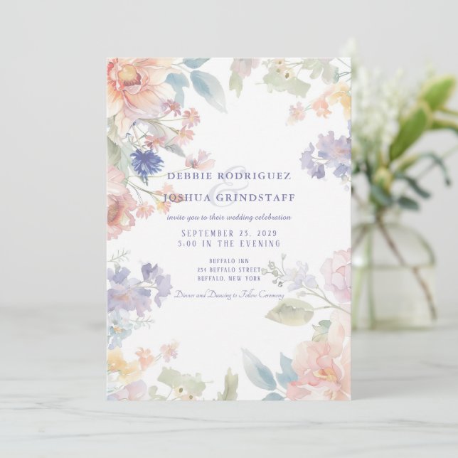 Watercolor Floral Wedding Invitation  Einladung (Stehend Vorderseite)