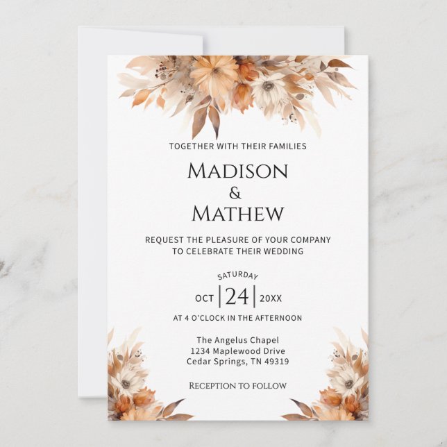Watercolor Floral Wedding Invitation Orange Brown Einladung (Vorderseite)