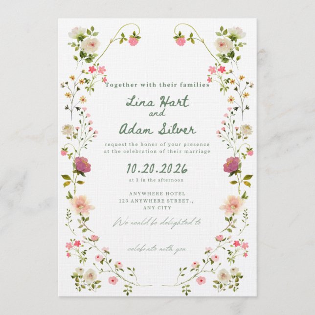 Watercolor Floral Wedding Invitation Template  Einladung (Vorderseite)
