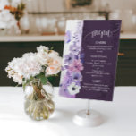 Watercolor Floral Wedding Menu Card Menükarte<br><div class="desc">An elegant purple floral wedding menu card featuring soft watercolor flowers in lavender, blush, and white, accented with delicate botanical line art and a graceful butterfly. The tall vertical layout with a deep plum panel creates a romantic and sophisticated presentation, perfect for displaying starters, main course, and dessert in a...</div>
