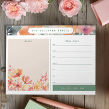 Watercolor Floral Weekly Family Calendar und Notes