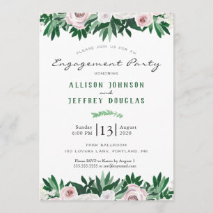 Watercolor Floral White Green Engagement Party Einladung