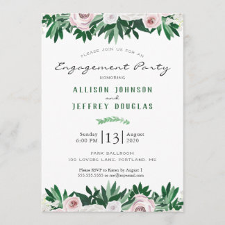 Watercolor Floral White Green Engagement Party Einladung