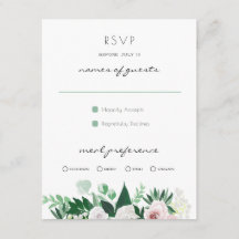Watercolor Floral White Green Wedding RSVP