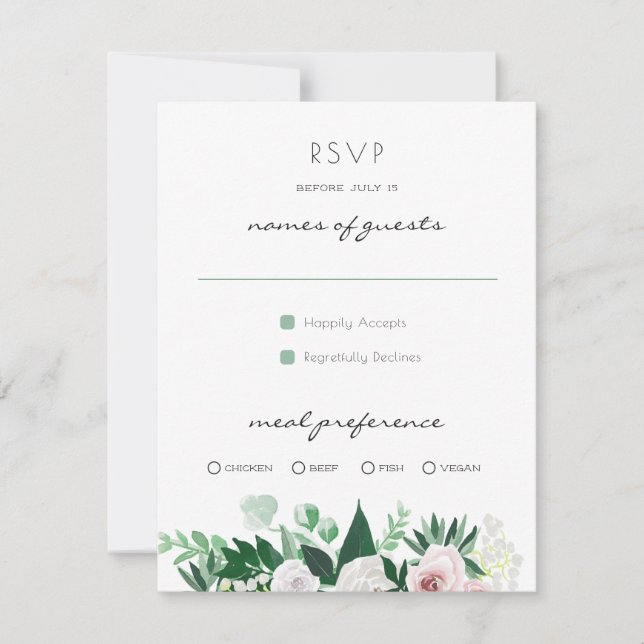 Watercolor Floral White Green Wedding RSVP Karte (Vorderseite)