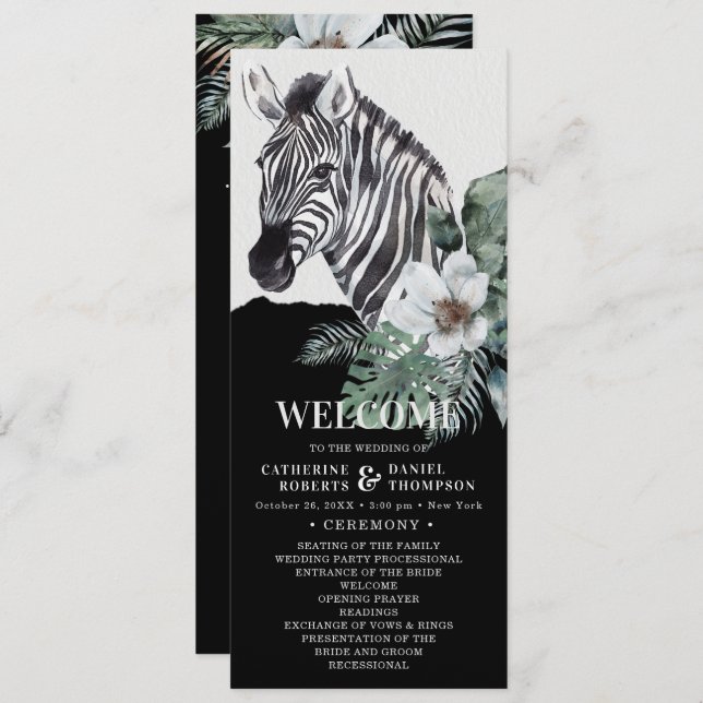 Watercolor Floral Wild Zebra Safari Wedding Programm (Vorne/Hinten)