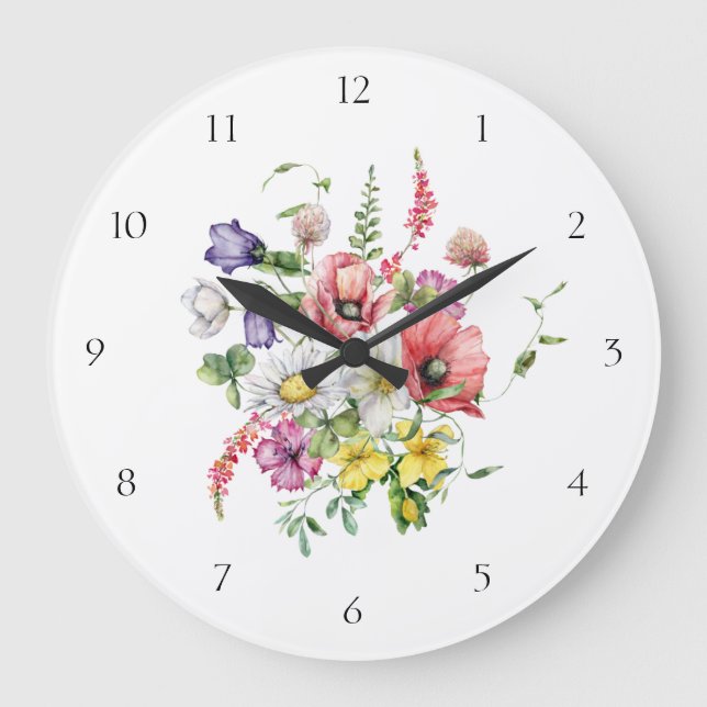 Watercolor Floral Wildflower Bouquet Große Wanduhr (Vorderseite)