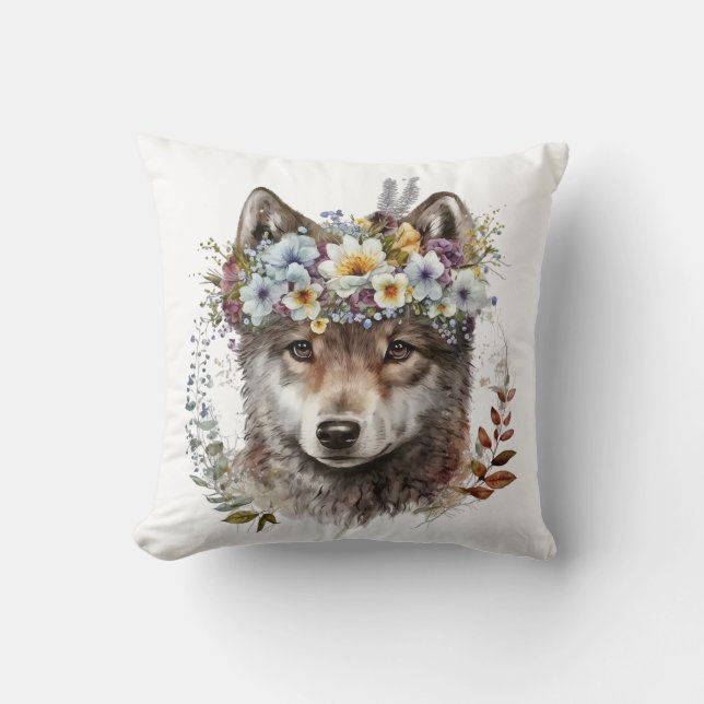 Watercolor Floral Wolf Kissen (Vorderseite)
