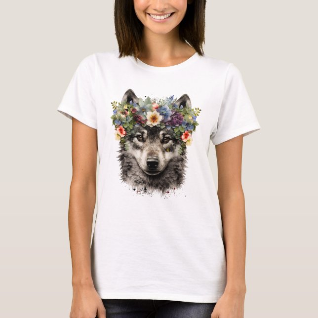 Watercolor Floral Wolf T-Shirt (Vorderseite)