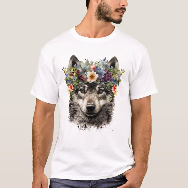 Watercolor Floral Wolf T-Shirt (Vorderseite)