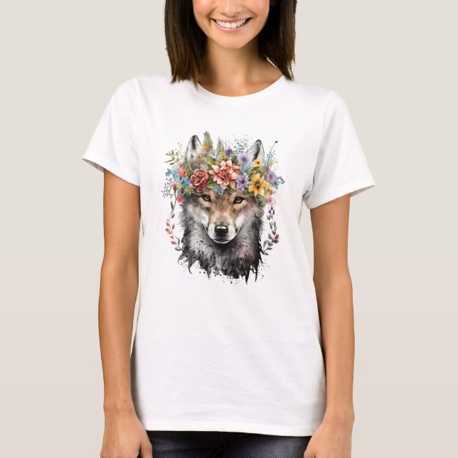 Watercolor Floral Wolf T-Shirt (Vorderseite)