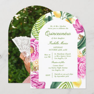 Watercolor Florale Päonien Zitrone Foto Quinceañer Einladung