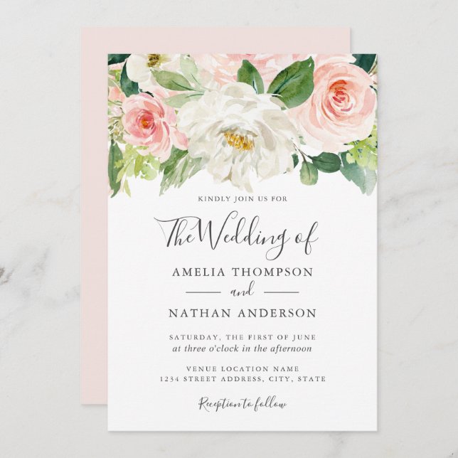 Watercolor Florals Blush Wedding Einladung (Vorne/Hinten)