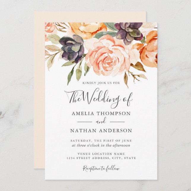 Watercolor Florals Peach Wedding Einladung (Vorne/Hinten)