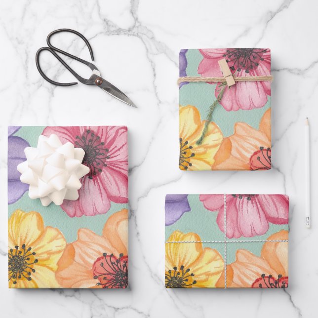Watercolor Florals Wrapping Paper Geschenkpapier Set (Vorderseite)