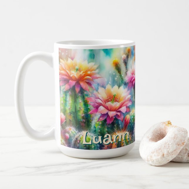 Watercolor Flowering Succulent Cacti Personalized Kaffeetasse (Mit Donut)