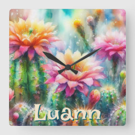 Watercolor Flowering Succulent Cacti Personalized Quadratische Wanduhr
