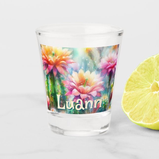 Watercolor Flowering Succulent Cacti Personalized Schnapsglas (Vorderseite)