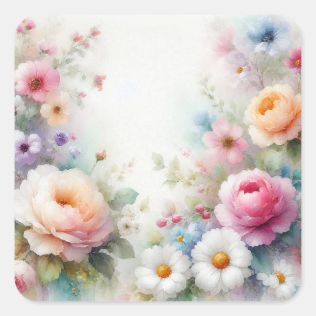 Watercolor Flowers Add Your Text Blank Template Quadratischer Aufkleber (Vorderseite)