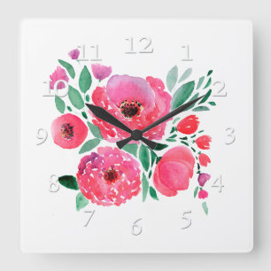 Watercolor flowers, bouquet 2. large clock quadratische wanduhr