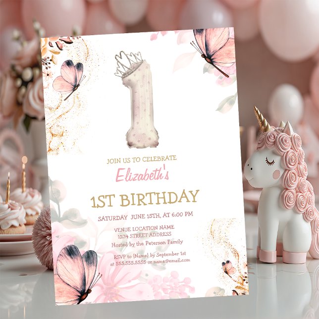 Watercolor Flowers Butterfly Striped 1s Birthday  Einladung (Von Creator hochgeladen)