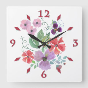 Watercolor flowers . large clock quadratische wanduhr