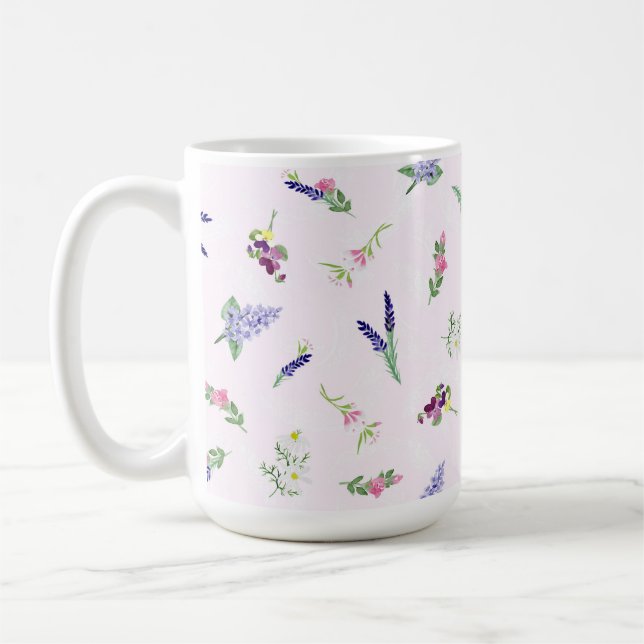 Watercolor Flowers on Pale Pink Lacy Texture Kaffeetasse (Links)