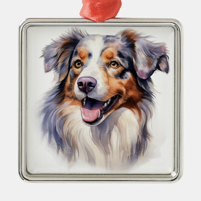 WATERCOLOR FLUFFY AUSTRALISCHER SCHEEPDOG HUND ORNAMENT AUS METALL (Vorne)