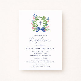 Watercolor Foliage Wreath Blue Bow Baptism Einladung